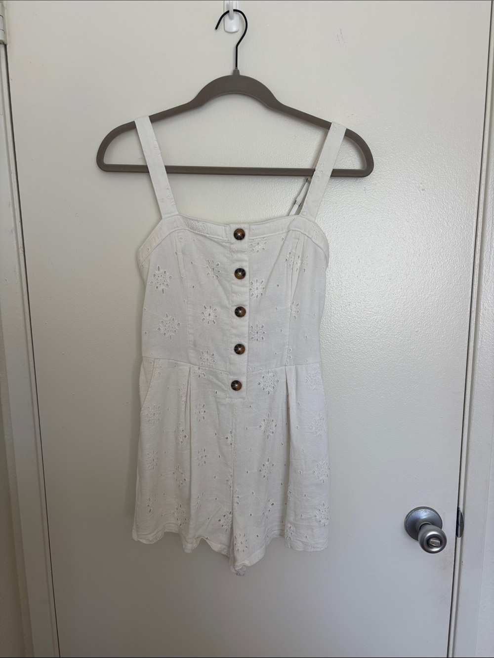 Hollister White Eyelet Button Romper with Brown Buttons